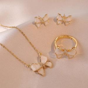 Bowknot Pendant Necklace Earrings Ring Stainless Steel White Enamel Zirconia Sweet Elegant Minimalist Fashion Jewelry