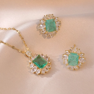 Collana Con Pendente In Zircone Verde Smeraldo Orecchini Anello Acciaio Al Titanio Gioielli Con Strass Retro Lusso Moda