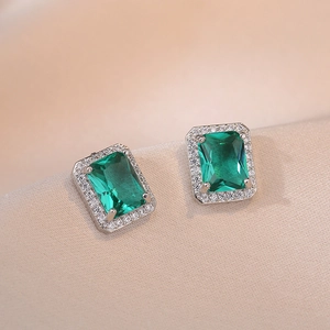 Emerald Green Zircon Geometric Rectangle Earrings With 925 Sterling Silver Earring Post Copper Halo Jewelry For Women