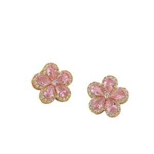 Pink zircon flower earrings with gold base and pear-cut petals on white background