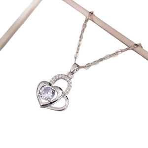 Elegant double heart pendant necklace with shimmering zircon and silver tone chain