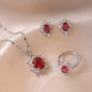 Collana Orecchini Anello Girasole Vintage Acciaio Titanio Zircone Rosso Pietra Bianca Gioielli Donne Moda Lusso