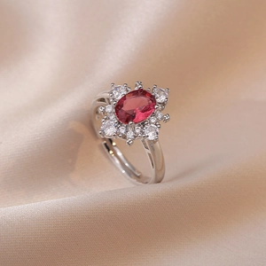 Vintage Red Zircon Open Ring For Women Alloy Flower Halo Adjustable Finger Jewelry Niche Design Elegant