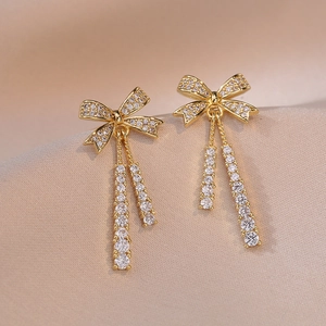 Elegant Bowknot Tassel Earrings With 925 Sterling Silver Earring Post Copper Zircon Niche Design Jewelry For Women
