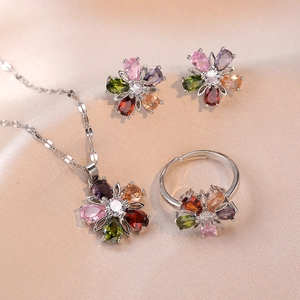 Colorful Flower Jewelry Titanium Steel Rainbow Zircon Necklace Earrings And Ring Fashion Trendy Ornament For Women