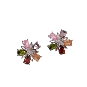 Colorful zircon flower stud earrings with pear-cut gemstones in polished silver setting
