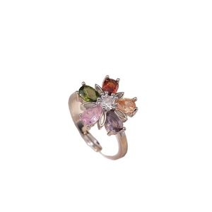 Adjustable silver flower ring featuring colorful pear-cut gemstones in a floral design