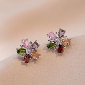 Flower Stud Earrings Copper With Colorful Zircon Rhinestone Korean Fashion Sweet Floral Jewelry Gift For Women