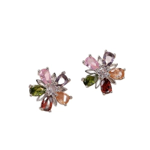Exquisite colorful flower stud earrings with vibrant pear-cut cubic zirconia in silver setting