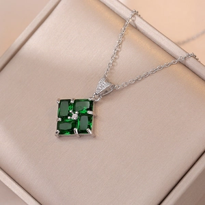 Elegant emerald green zircon geometric pendant necklace with silver link chain
