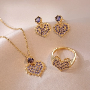 Collier Pendentif Cœur Violet Et Boucles D Oreilles Bague Acier Titane Avec Zircon Incrusté Mode Élégante Femmes