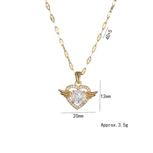Goldene Herz-Engel-Halskette mit funkelndem Zirkon und 40+5cm langer O-Kette für Damen