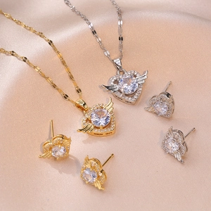 Engel Flügel Herz Halskette Und Ohrringe Edelstahl Zirkonia Rheinstraß Romantisch Mode Schmuck Für Frauen