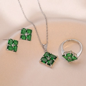 Emerald Green Cubic Zirconia Necklace Earrings Ring Geometric Square Windmill Jewelry Titanium Steel Light Luxury Women