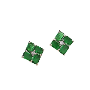 Square emerald green zircon earrings with geometric crystal studs in silver setting