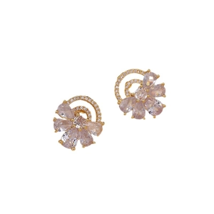 Elegant gold flower earrings with pink zircon petals and pavé diamond crescent accent