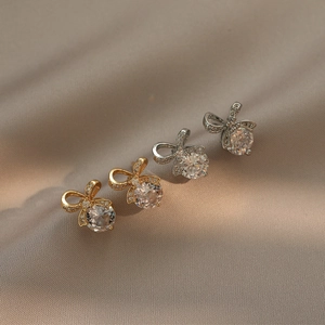 Copper Bowknot Stud Earrings Round Clear Zircon Micro Pave Rhinestone Elegant Minimalist Korean Fashion Jewelry For Women