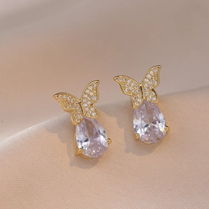 Boucles D'Oreilles Puces Papillon Goutte D'Eau Cuivre Avec Zircon Étincelant Goutte Poire Bijoux Élégants Pour Femmes