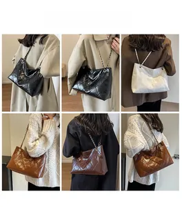 Quilted leather chain tote bags in black white and brown shown in multiple angles