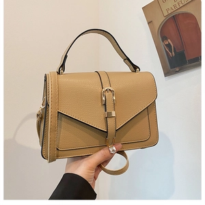 Camel litchi leather crossbody square bag with envelope flap and top handle for women
