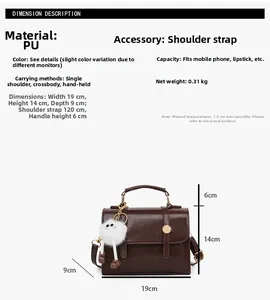 Détails du sac vintage en PU marron 19x14x9cm avec charme en peluche et dimensions