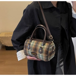 Retro plaid woolen boston bag for women with leather trim and shoulder strap