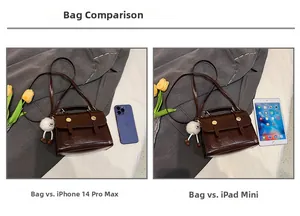 Comparaison de taille du sac en cuir marron avec iPad mini et iPhone 14 Pro Max