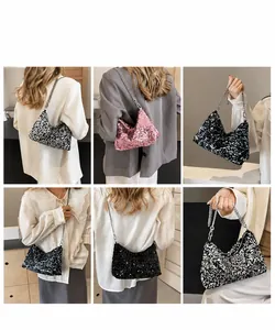 Detailed views of sequined baguette bags with chain straps in multiple colors