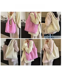 Detail shots of pleated knit tote bags in pink and beige showing hobo style fit