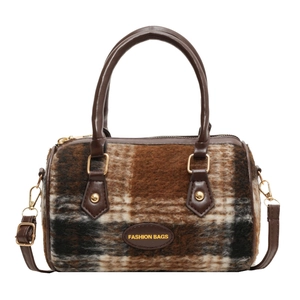Retro plaid tote bag in brown wool fabric with leather handles and crossbody strap