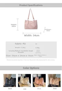 Detailed view of the large capacity PU leather tote bag with size and dimension specifications