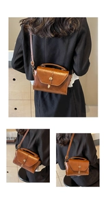 Vue triple d'un sac bandoulière en cuir marron vintage porté par un mannequin de dos