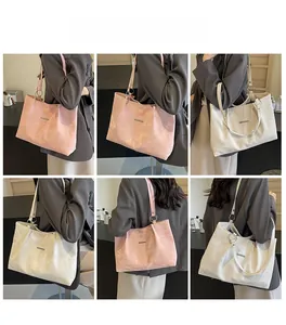 Six-grid display showing model wearing pink and beige marble textured tote bags