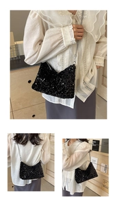Detailed views of a black sequin tote bag with a metallic silver chain shoulder strap