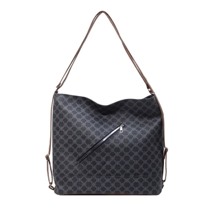 French style tote bag in grey clover pattern with brown straps and silver zipper