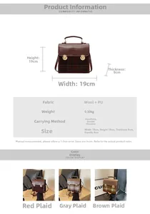 Detailed size chart for retro plaid wool and PU leather backpack measuring 19x19x9cm