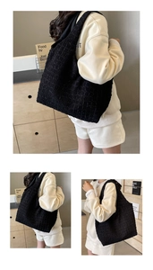 Detailed views of a black quilted tote bag featuring textured bubble fabric and large capacity
