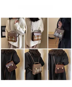 Detailed views of vintage plaid patchwork briefcase showing versatile carrying styles