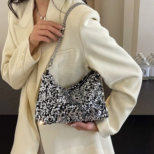 Women Fashion Sequin Underarm Bag Sparkly Metal Chain Shoulder Bag Y2K Style Party Evening Sparkle Tote Handbag For Ladies Daily Use