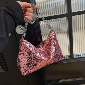 Pink sequin hobo bag with silver chain strap for women, trendy baguette style shoulder bag