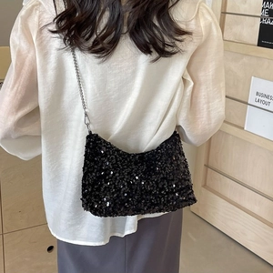 Elegant black sequin tote bag with silver chain strap for evening and party wear