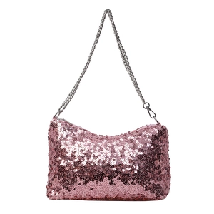 Sparkly rose pink sequin tote bag with a removable silver metal chain strap for women