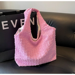 Pink waffle texture pleated shoulder bag with a soft checkerboard weave design for women