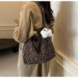 Stylish large capacity leopard print tote bag for women with cute plush ghost pendant