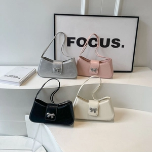Minimalistische Baguette-Schultertasche mit Metallschleife in Silber, Rosa, Schwarz, Weiß