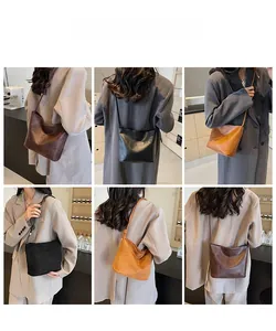 Detailed views of vintage faux leather tote bags in dark brown, black, and caramel colors