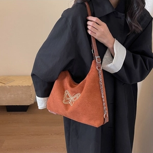 Orange butterfly embroidery hobo bag with stylish mixed leather and silver chain strap