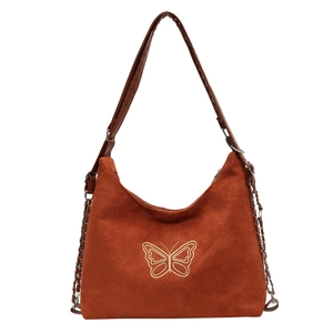 Retro brown butterfly embroidered hobo shoulder bag with stylish metal chain accents