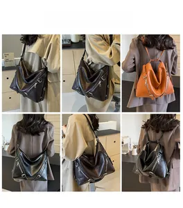 Detailed views of vintage large-capacity PU leather tote bag in three stylish colors