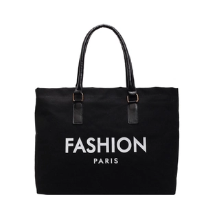 Black canvas tote bag with Fashion Paris print and leather handles for office and commute